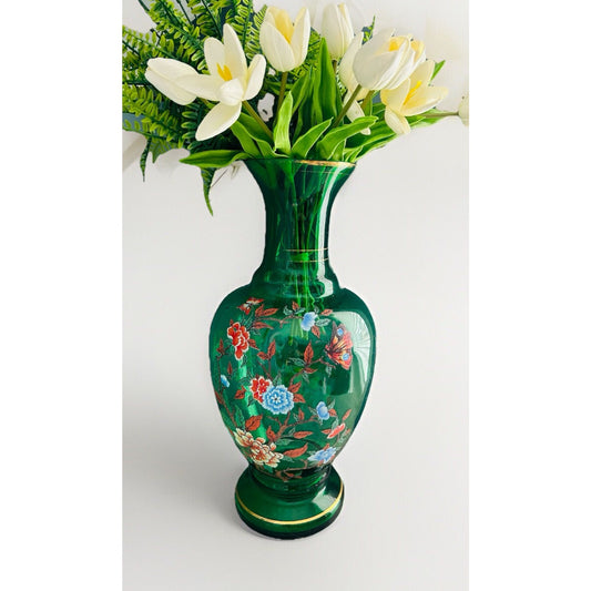Norleans Large Green Glass Vase 16 " Gold Gilted Vintage Flowers Floral Design
