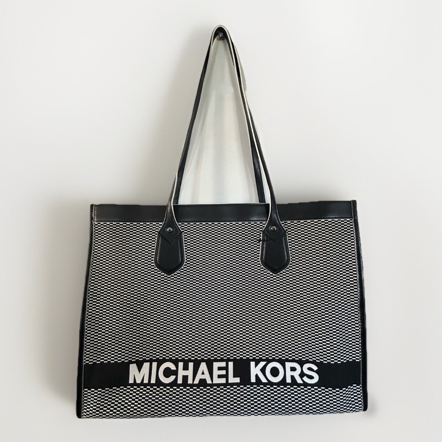 Michael Kors Bay Large Tote East West Woven Canvas Shoulder Black White Bag