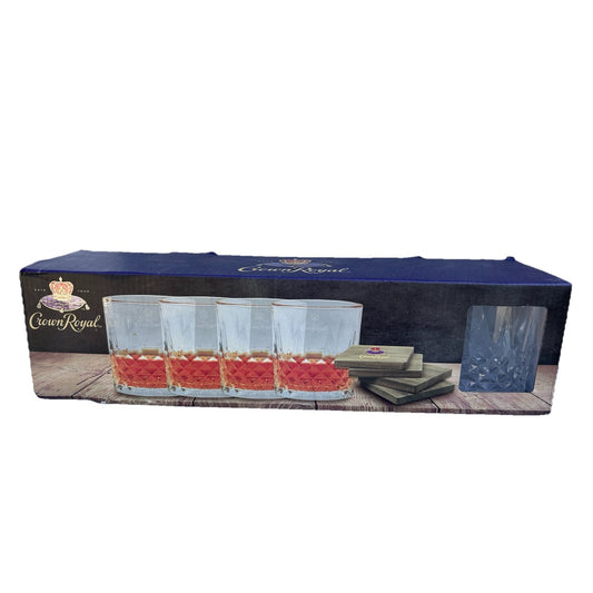 New Set of 4 Crown Royal Whiskey Glasses & 4 Coasters New In Box