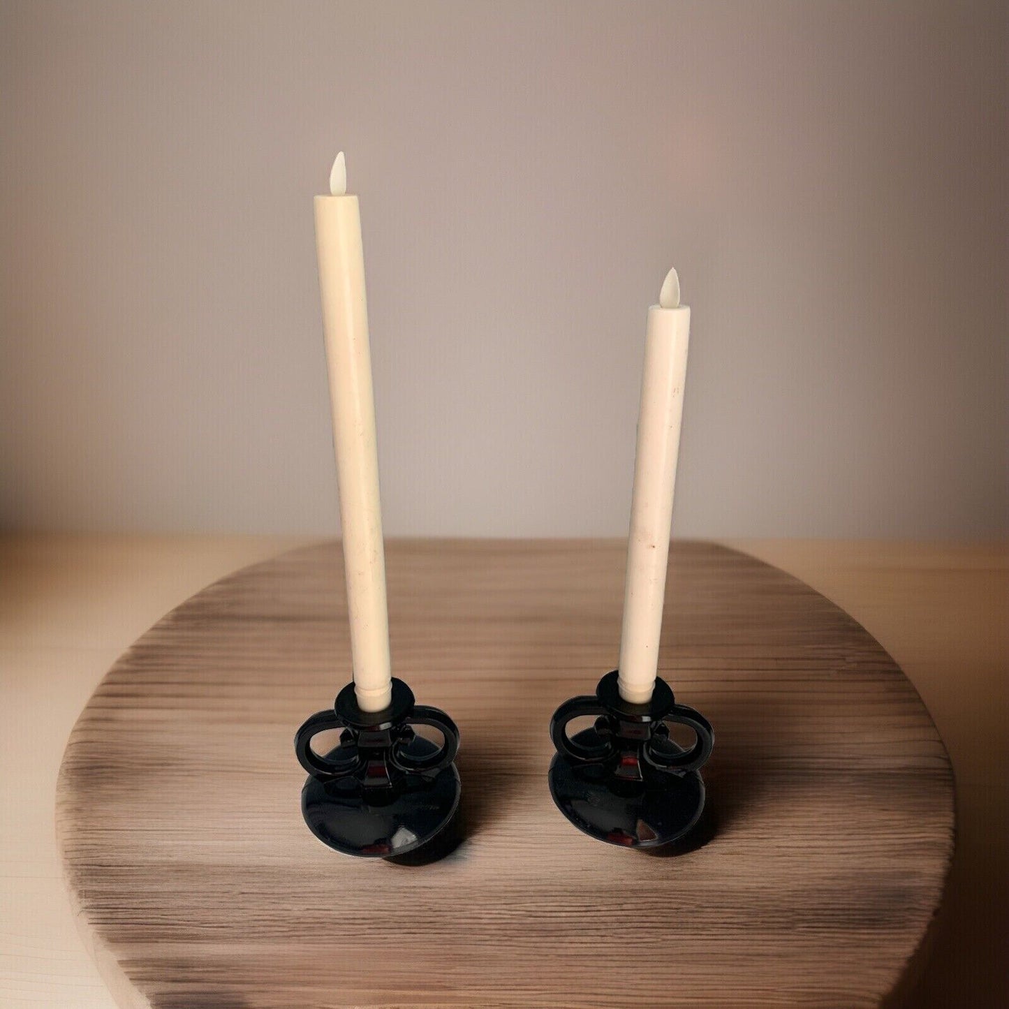 2 Vintage L.E. Smith Black Amethyst Glass Taper Candlestick Holders Handle