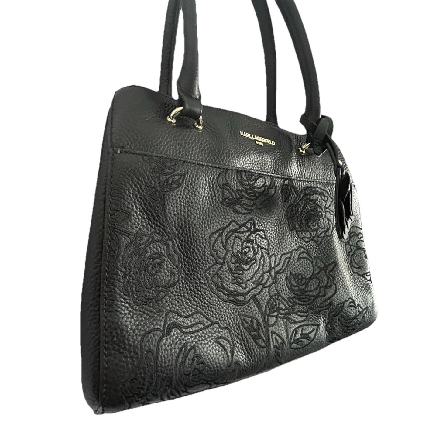 Karl Lagerfeld Black Leather Floral Stitched Bag Embroidered Flower Handbag Paris