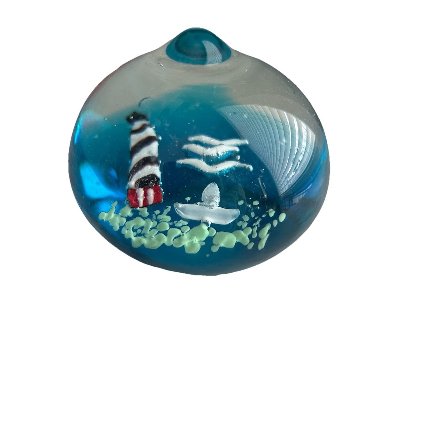 Glass Paperweight Nautical Beach Theme Home Decor Lighthouse Boat Blue Sky Birds