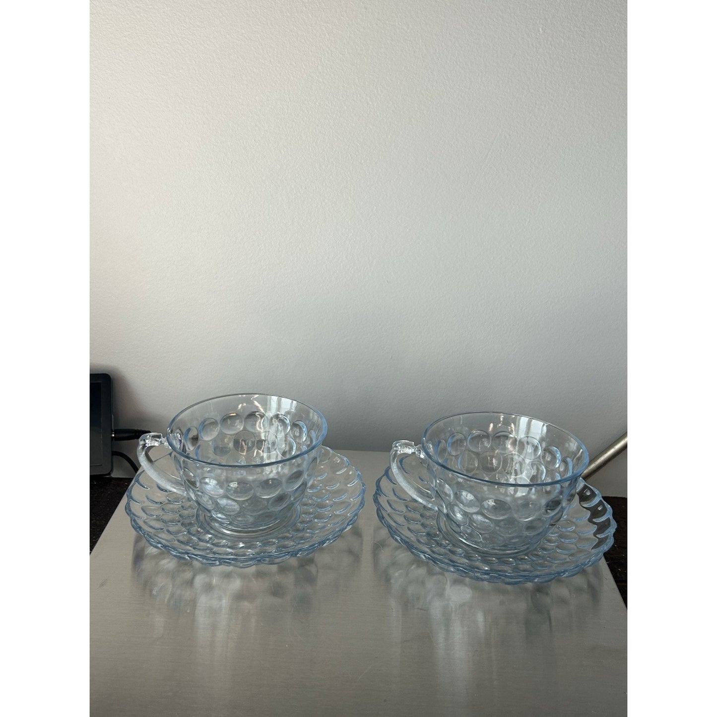 2 Anchor Hocking Fire King Blue Bubble Cup Saucer MCM 1940-1965 Coffee Tea