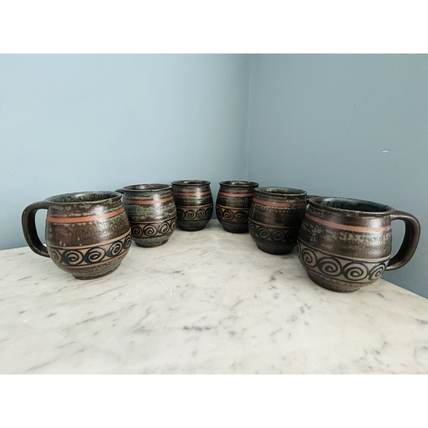 6 Vintage Japan Potbelly Coffee Mugs Mottled Glaze Stoneware Textured 12 oz