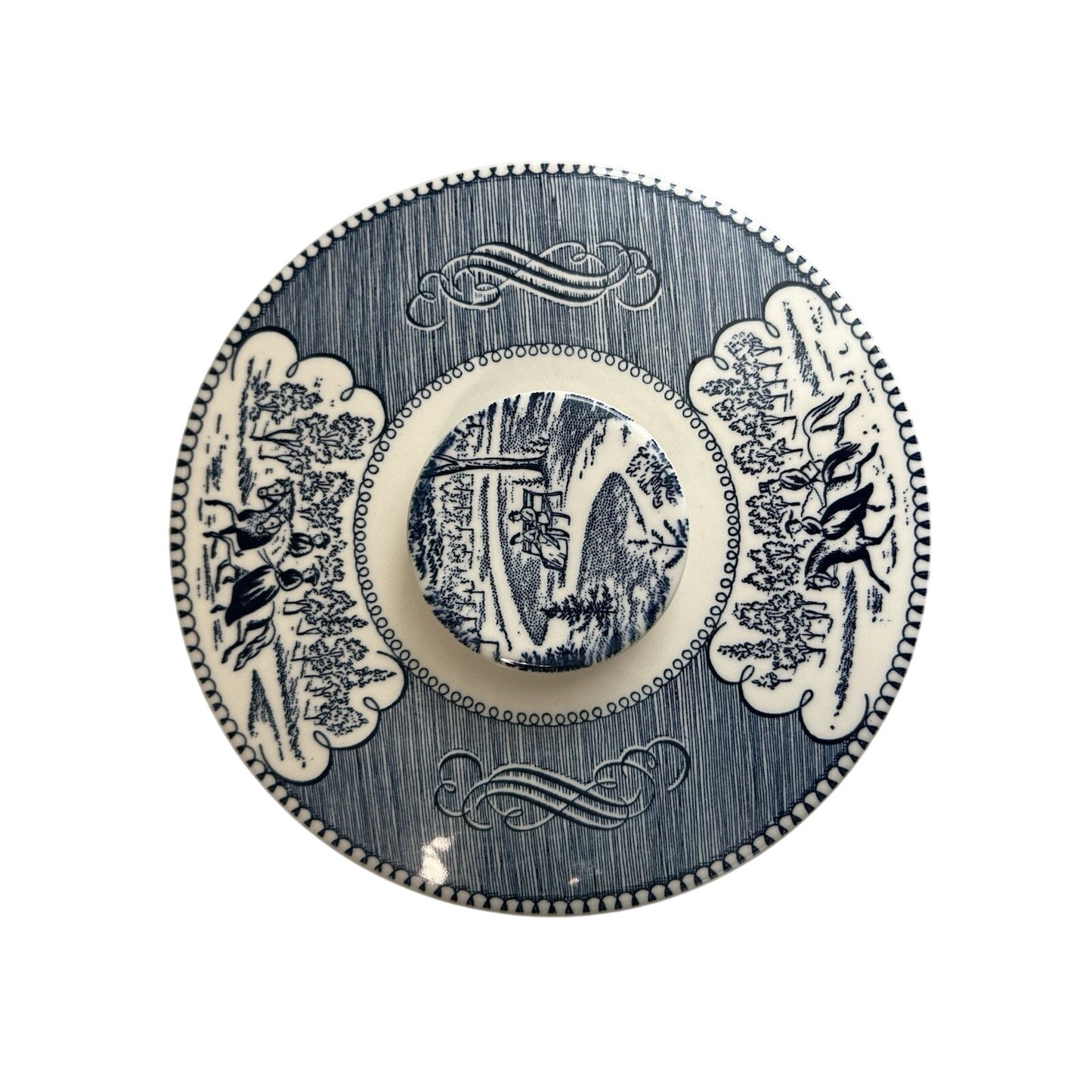 Royal Currier & Ives Blue White Ironstone Covered Casserole Dish Handles Vintage