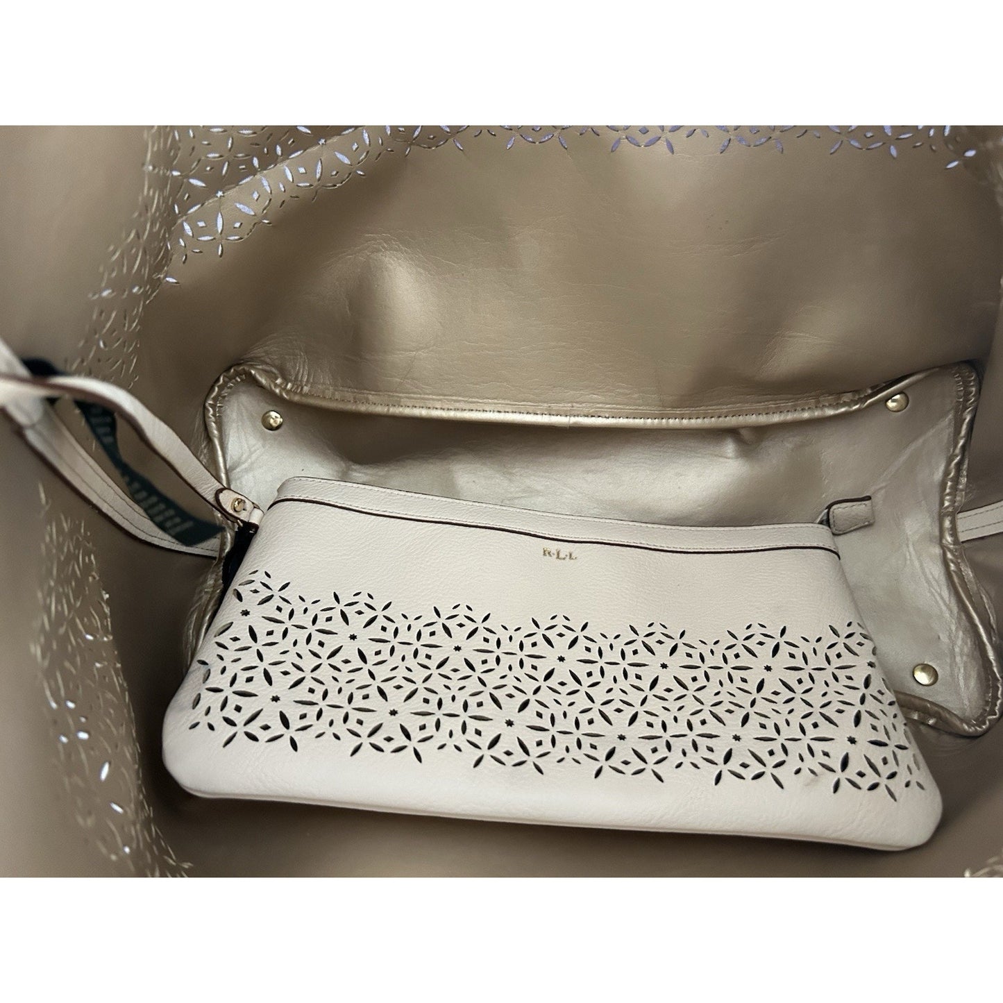 Ralph Lauren Laser Cut Perforated Chantilly Classic Tote Bag & Clutch Ivory Read