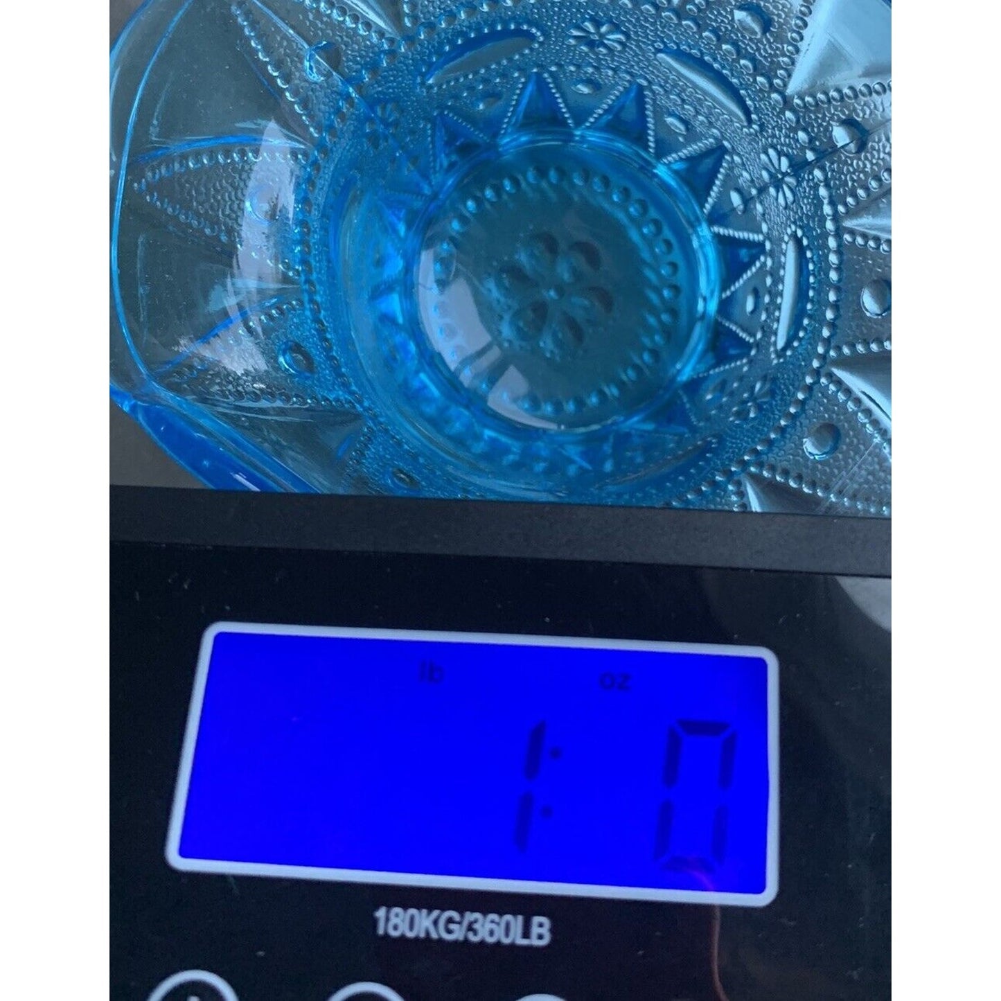 Vintage Kemple Blue Glass Basket Hat Vase Lace Dew Drop Pattern Lace N Dewdrop