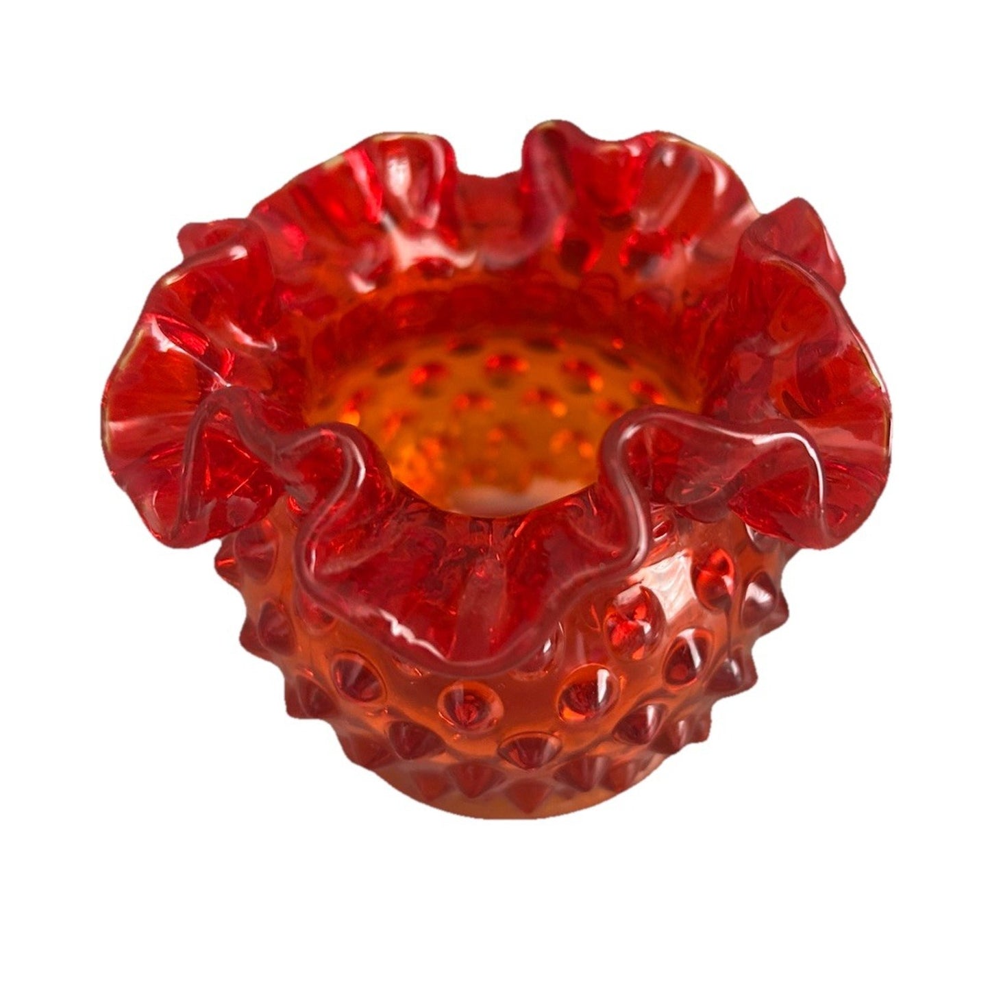 Fenton Amberina Hobnail Glows Small Rose Bowl Ruffle Crimped Orange Glass Vase