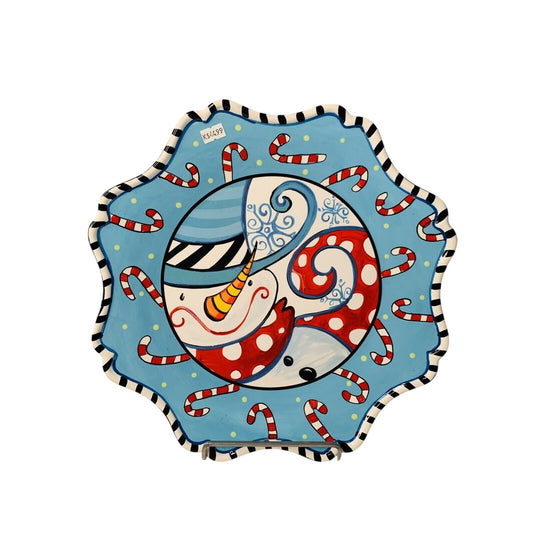 New lisA fRosT 15” Christmas Platter Silvestri 2010 Demdaco Snowman Candy Canes