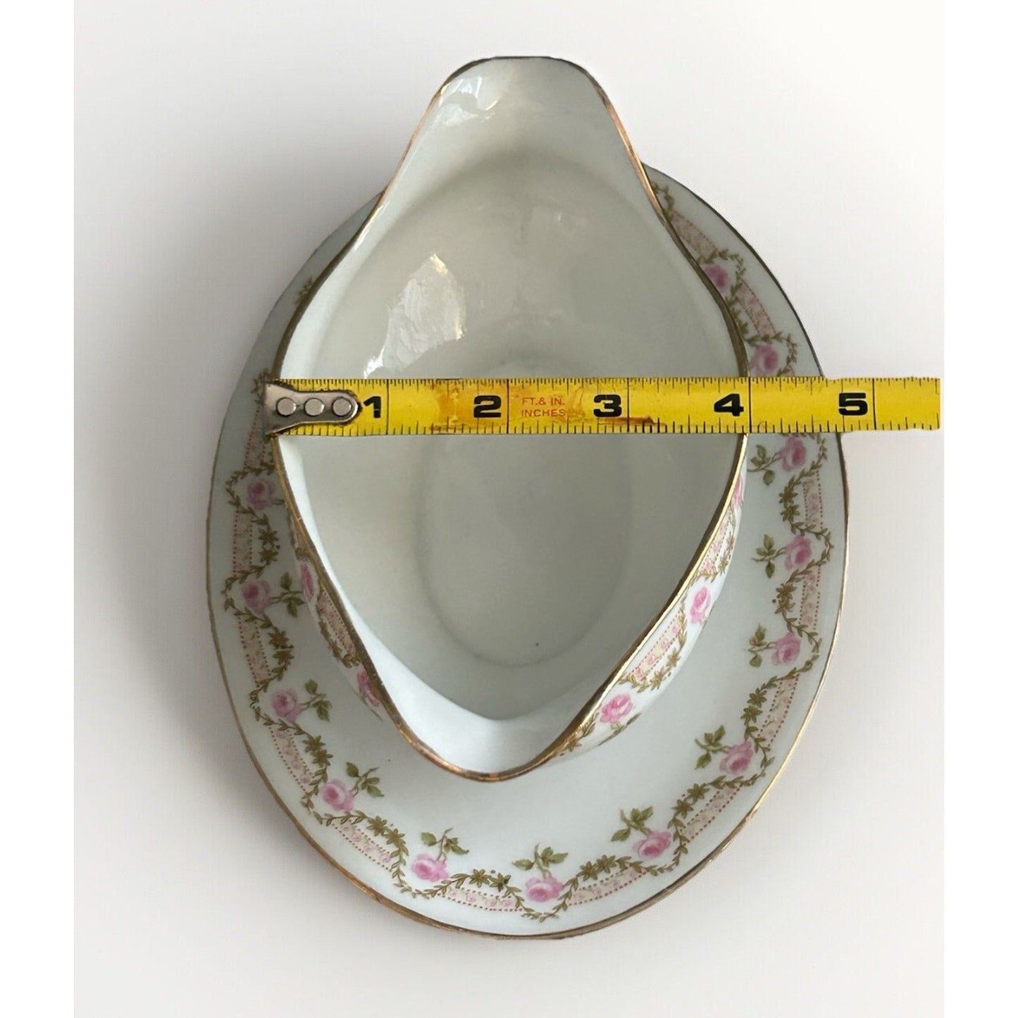 Antique Limoges Wm Guerin & Co. GUE19 Pink Roses Gravy Boat attached Underplate