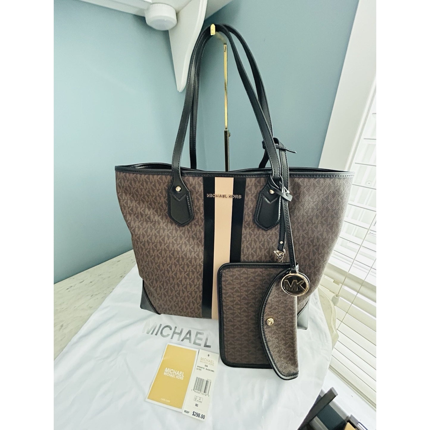 Michael Kors Eva Large Logo Stripe Tote Bag Plus Pouch Black Camel Laptop NWT