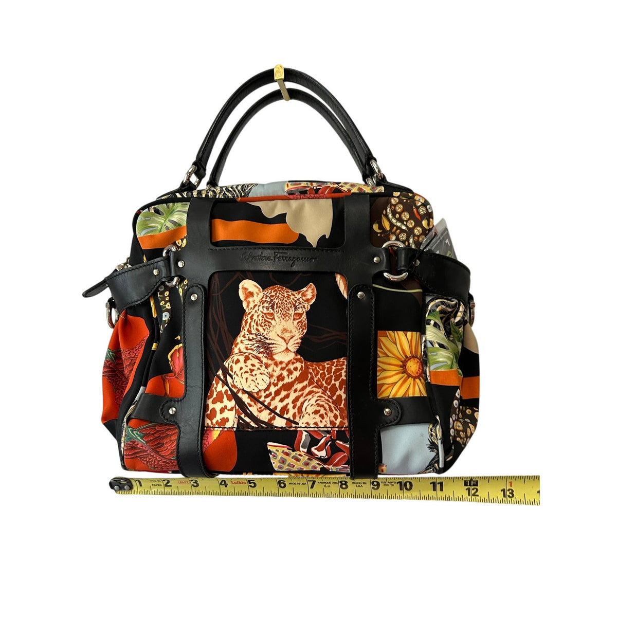 Salvatore Ferragamo Fiera Tote Jungle Leopard Safari Nylon Leather Bag Purse COA