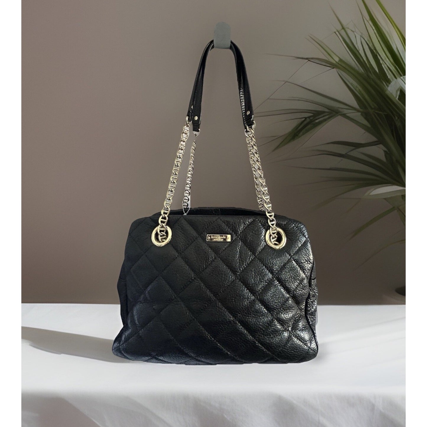 Kate Spade Black Metallic Quilted Leather Shimmer Bag Gold Chain EUC