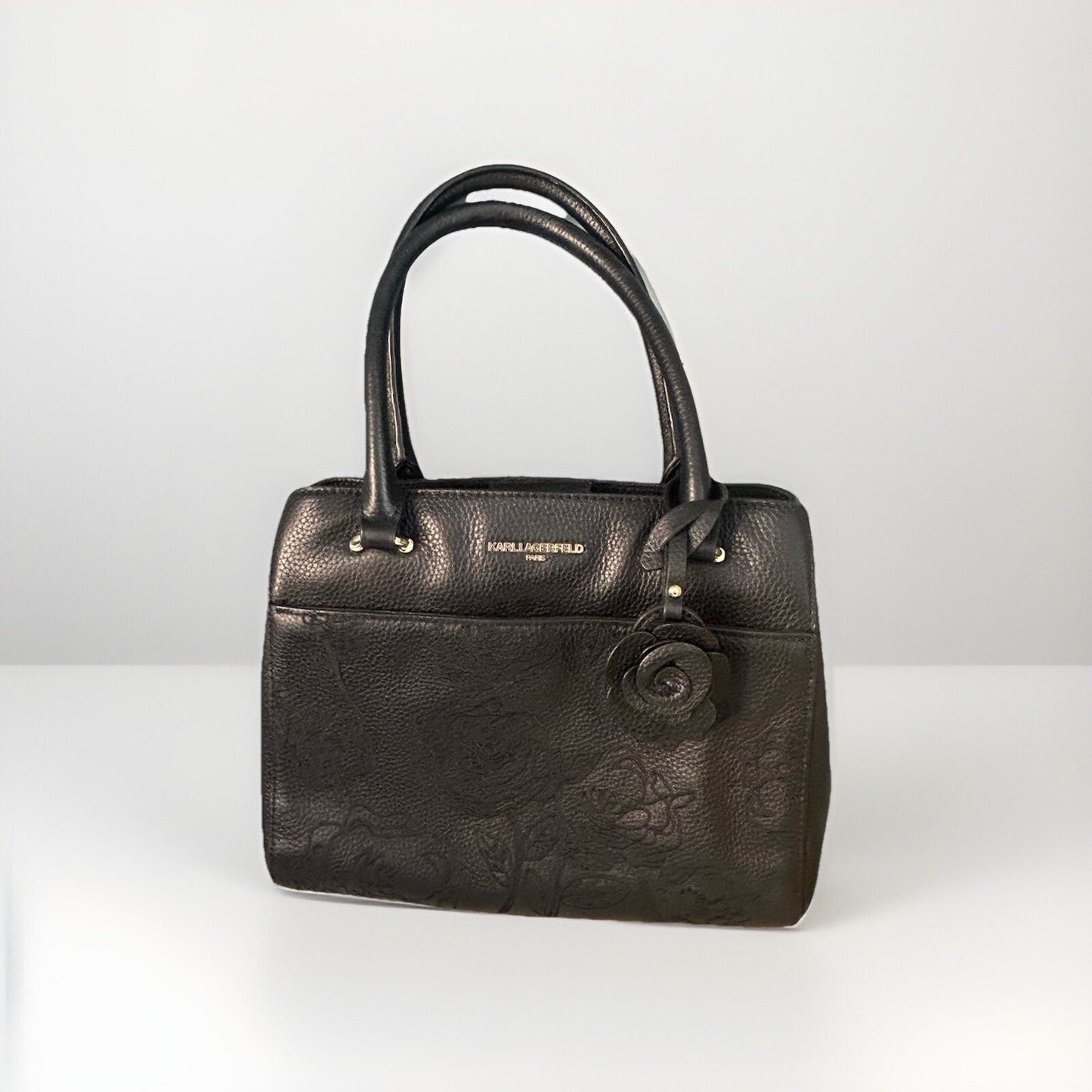 Karl Lagerfeld Black Leather Floral Stitched Bag Embroidered Flower Handbag Paris