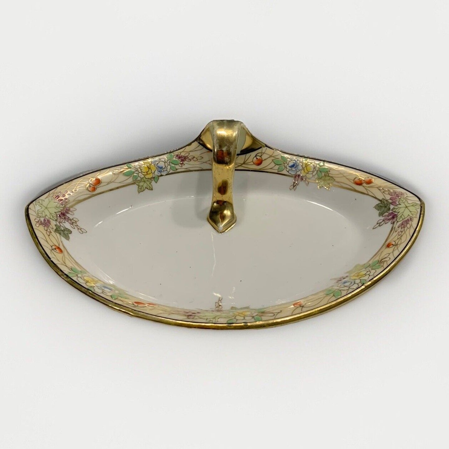 Vintage Nippon Hand Painted Divided Dish Tray w/ Finger Hole Handle Gold Flowers