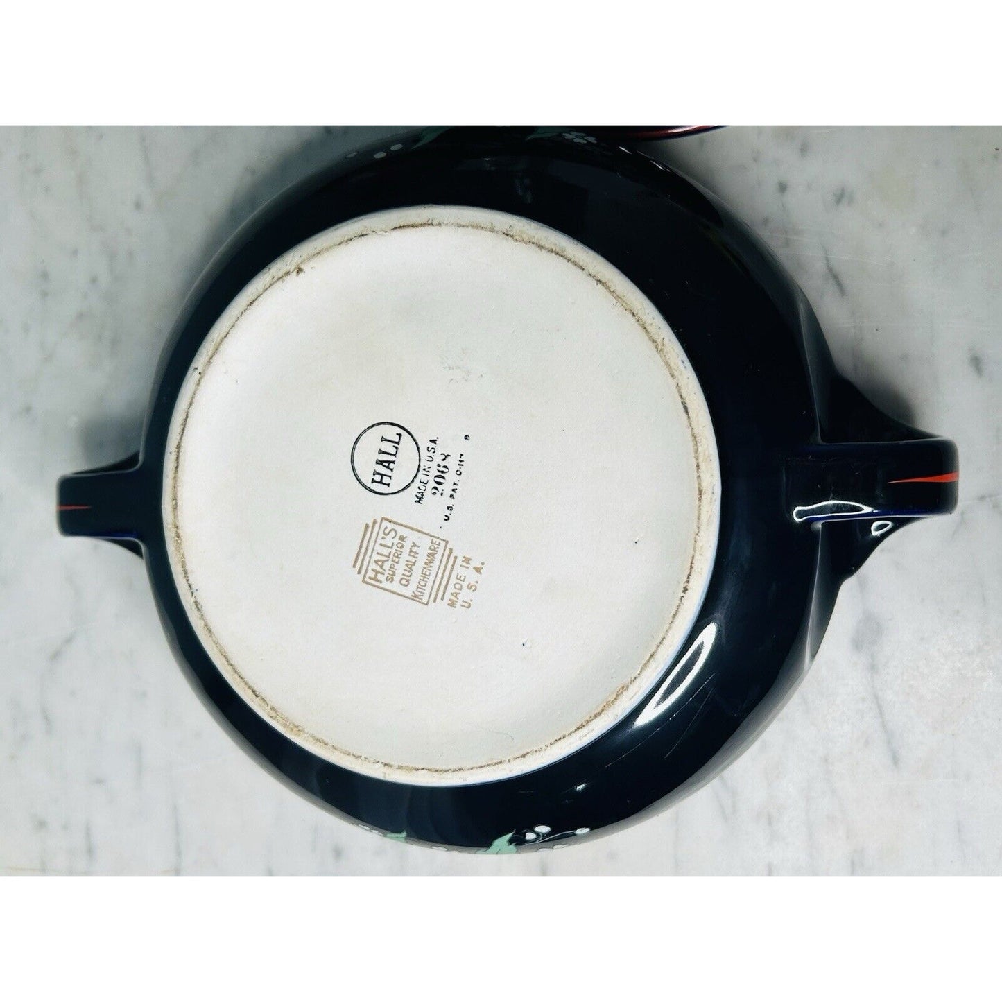 Hall Pottery Cobalt Blue Covered Casserole Dish Sundial Lid White Flowers 2068