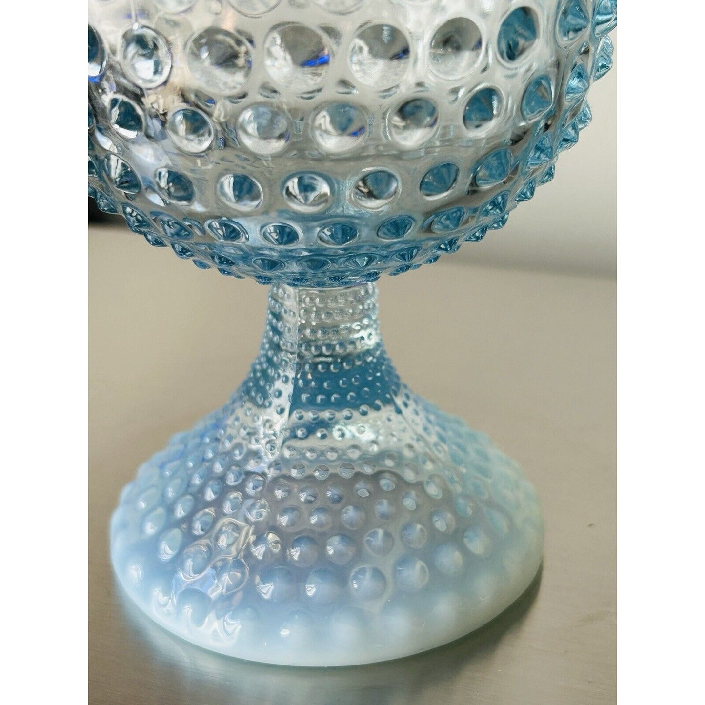 EUC Duncan Miller Blue Opalescent Glass Footed Hobnail Vase Ruffle Crimped
