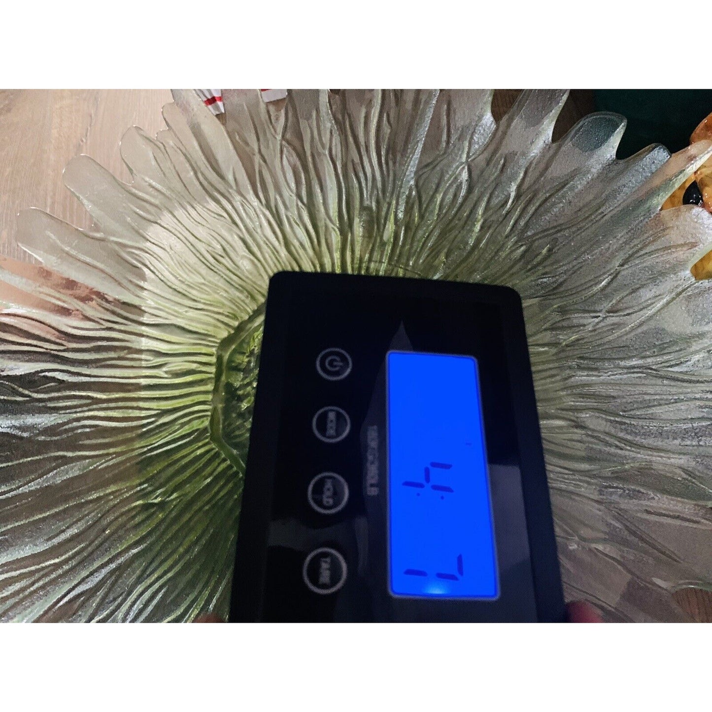 17” Green Flower Platter Hand Blown Art Glass Large Serving Tray Sunflower Heavy