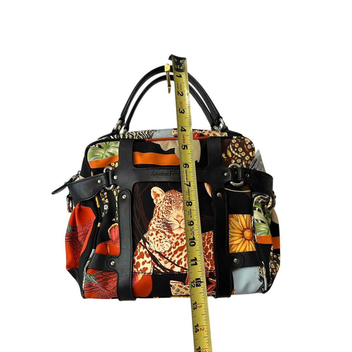 Salvatore Ferragamo Fiera Tote Jungle Leopard Safari Nylon Leather Bag Purse COA