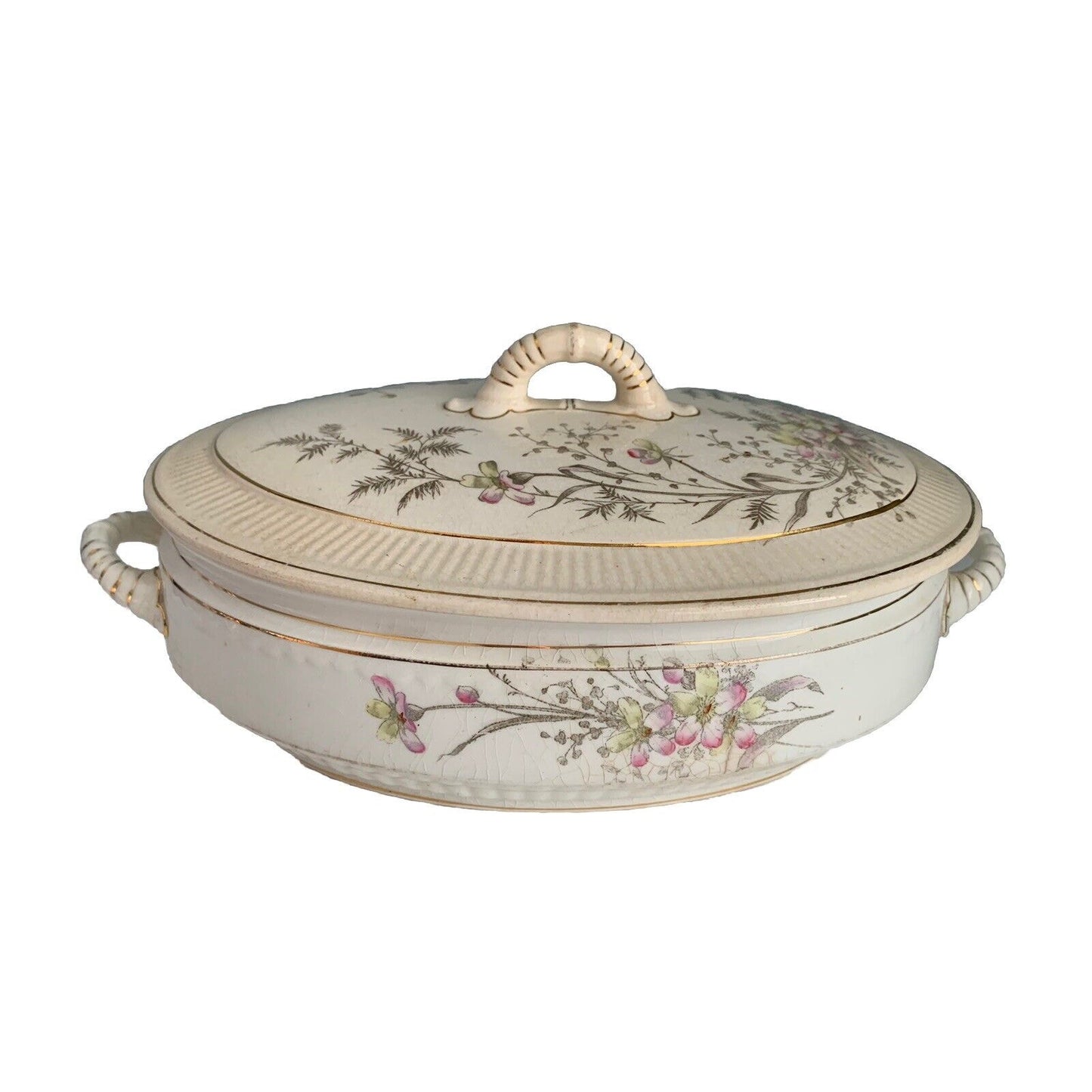 Antique Adamantine China Floral Pattern Covered Serving Dish Pink Yellow Flowers