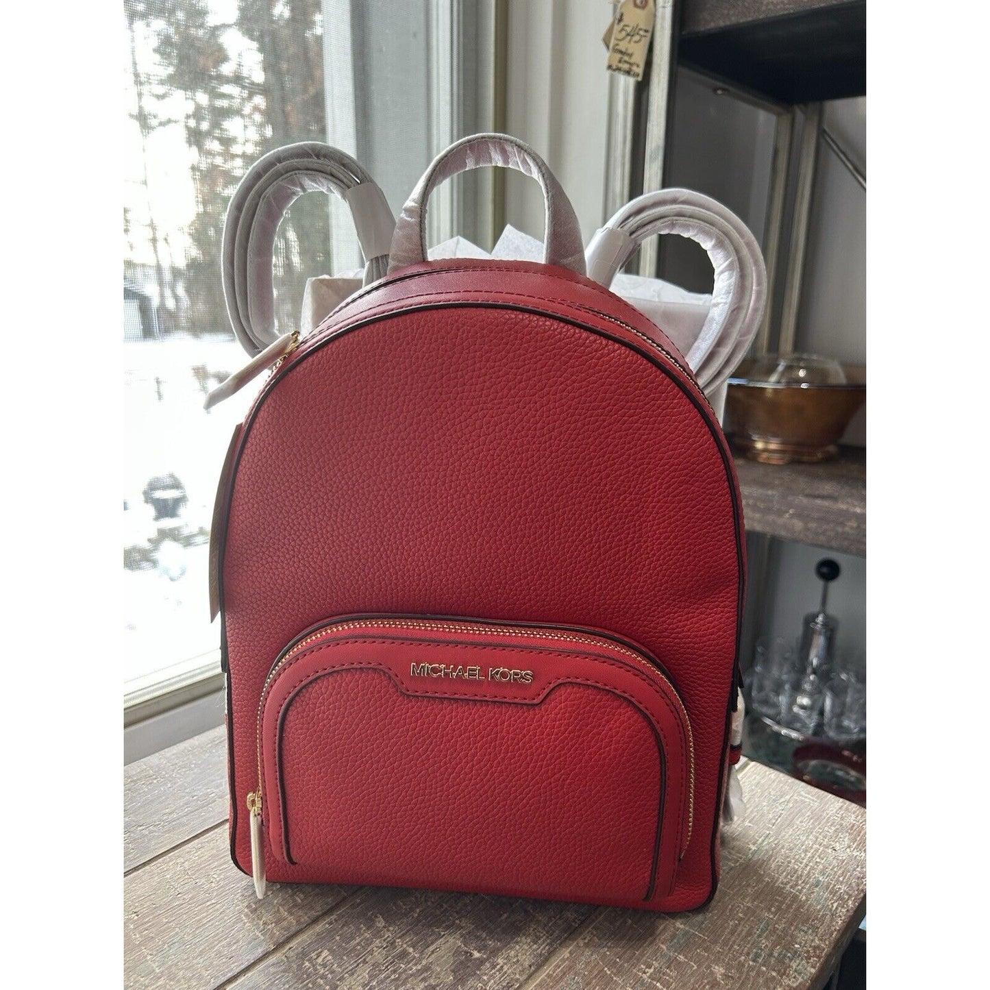 NWT Michael Kors Jaycee Medium Zip Pocket Backpack Leather Bright Red MSRP $498