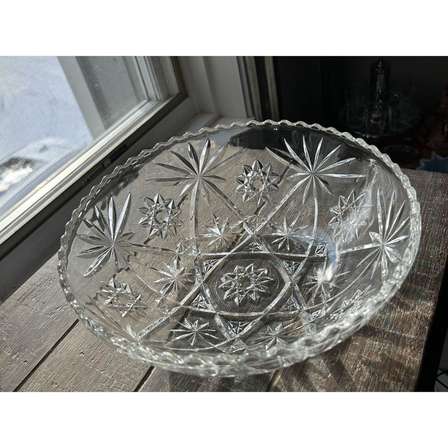Vintage Anchor Hocking Clear Cut Glass Star of David Large 10.5” Serving Bowl
