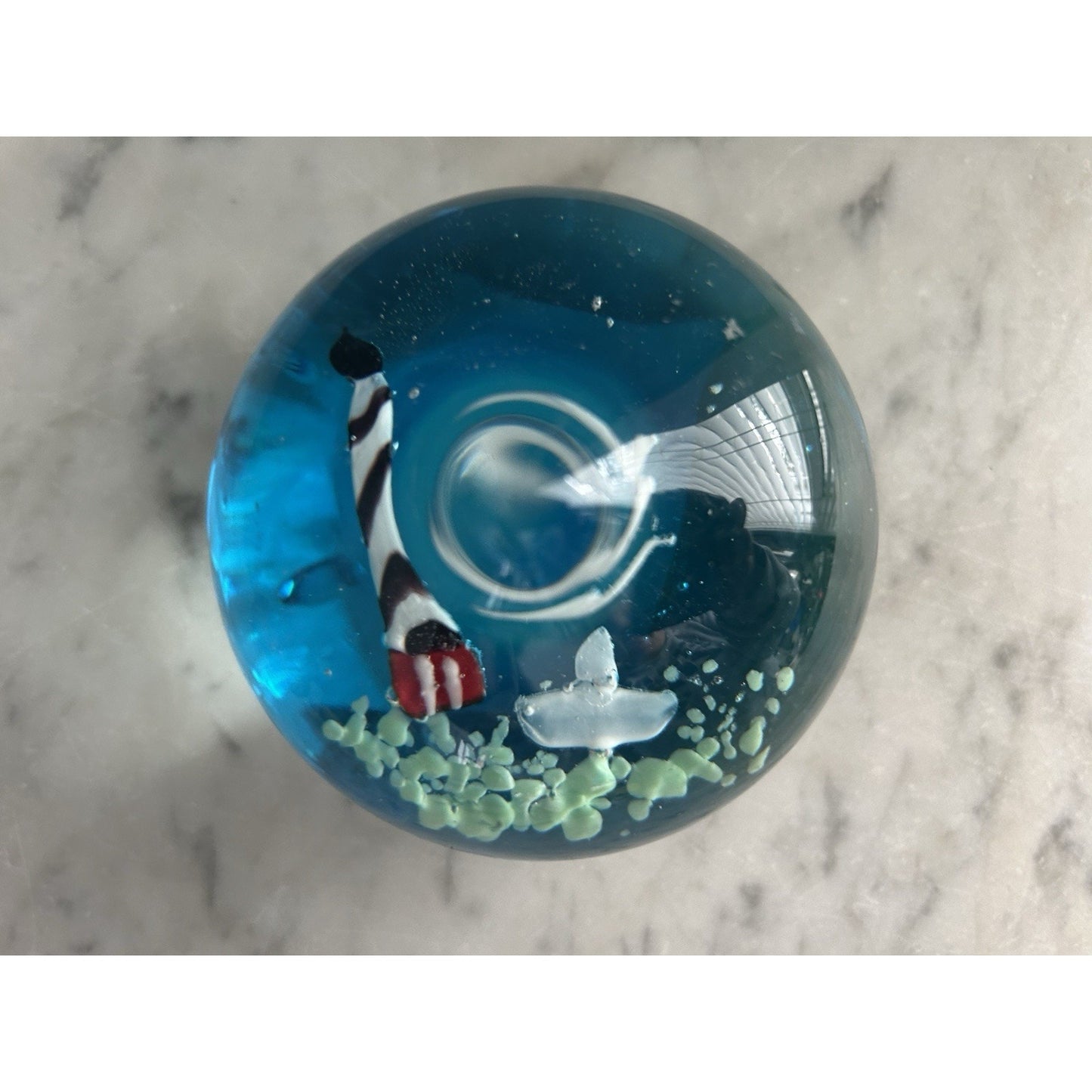 Glass Paperweight Nautical Beach Theme Home Decor Lighthouse Boat Blue Sky Birds