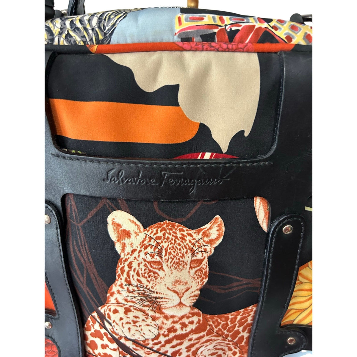 Salvatore Ferragamo Fiera Tote Jungle Leopard Safari Nylon Leather Bag Purse COA