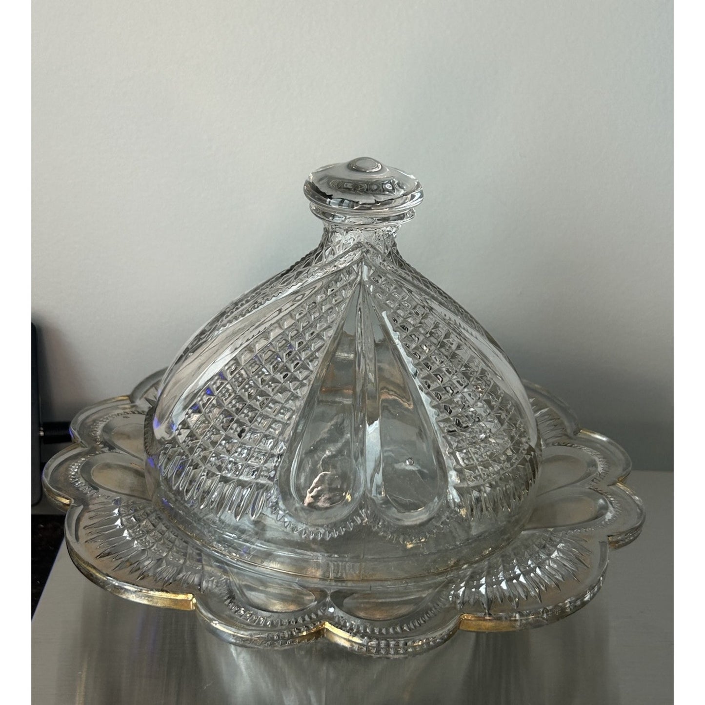 Vintage Gold Trim Glass Butter Dish Cheese Dome Cover 2pcs Covered Lid
