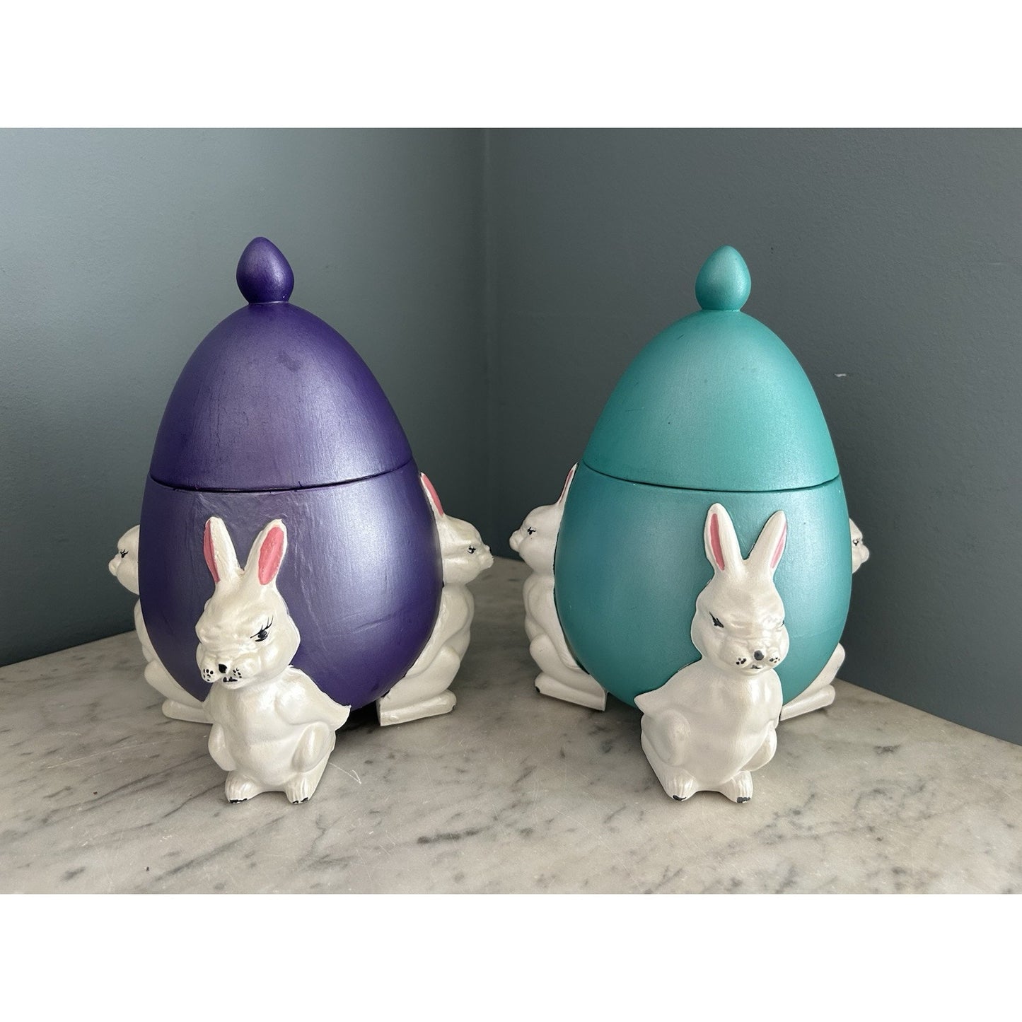 (2) 1960s Ceramic Easter Egg Candy Jar Hand Painted Bunnies Rabbits Purple Teal