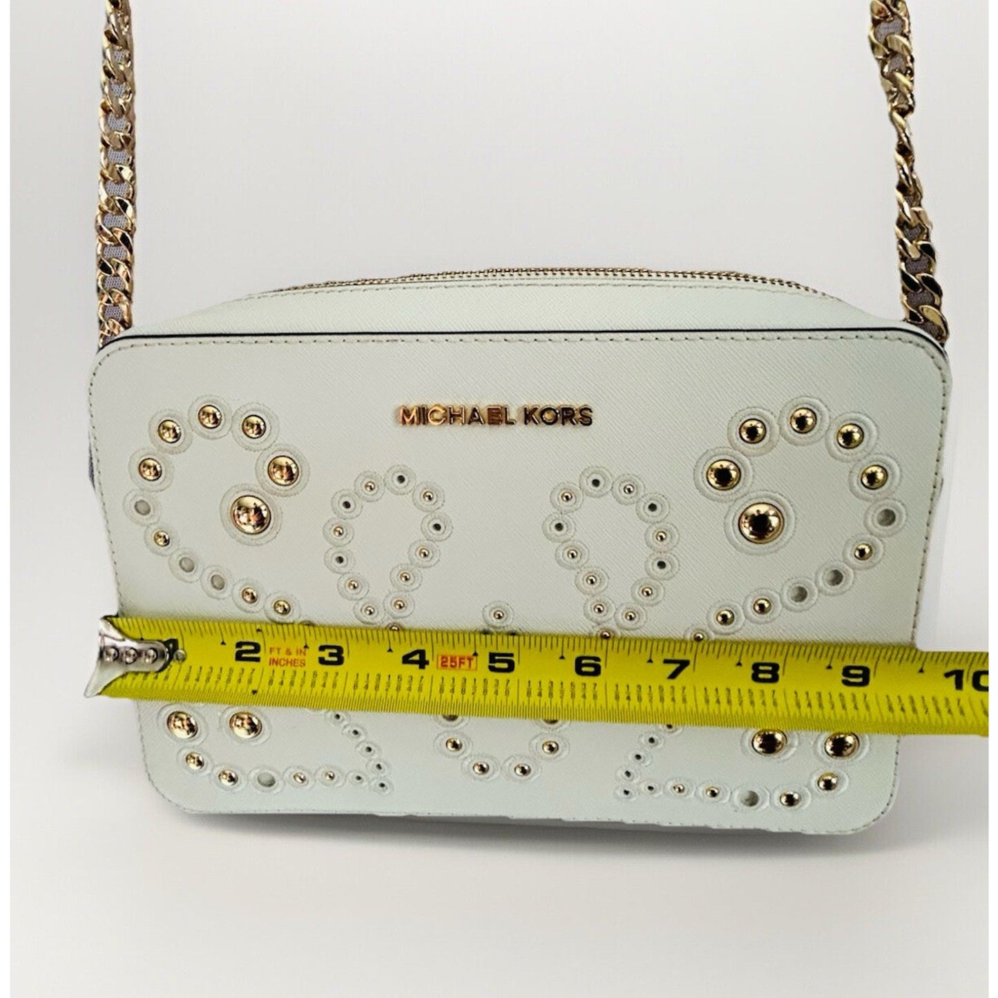 Michael Kors Ginny Leather Crossbody White Embellished Gold Studded Bag New