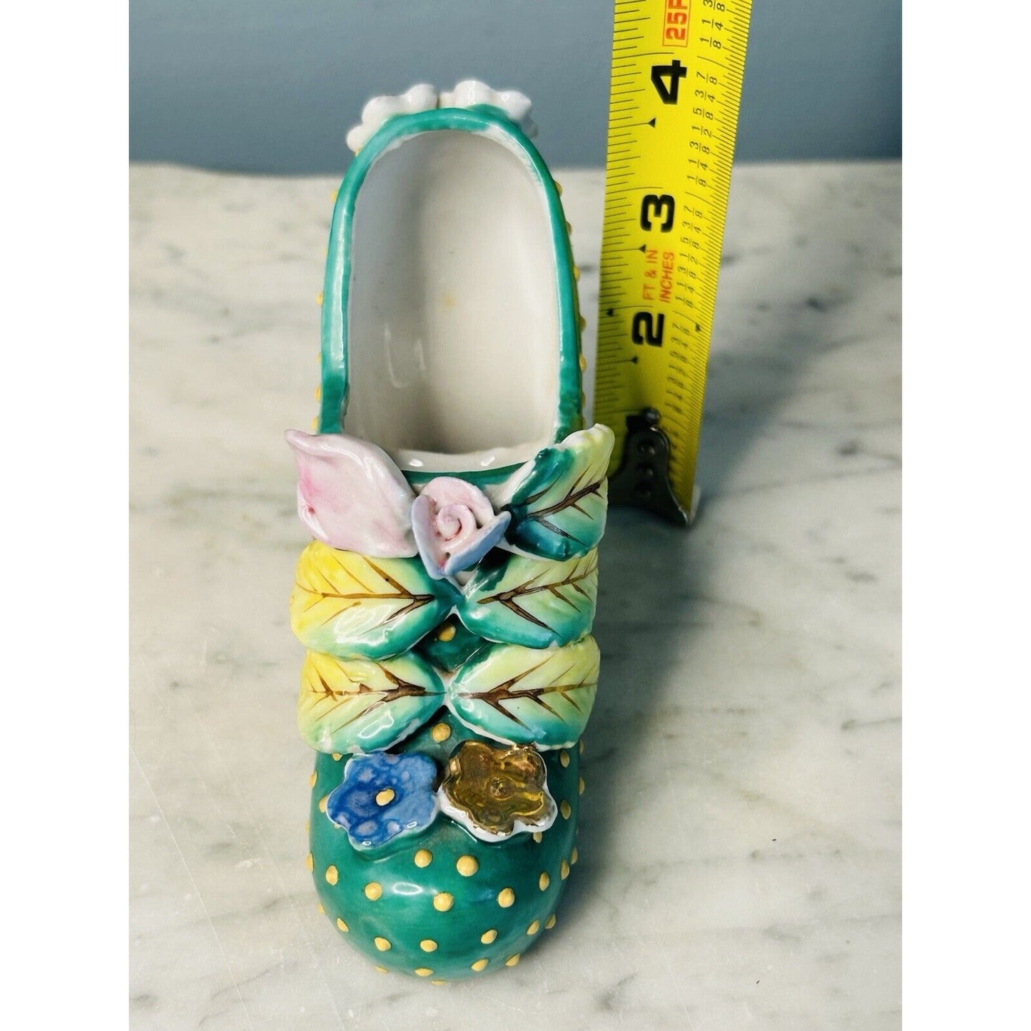 Vintage Hand Painted Shoe High Heel Polka Dots 3D Flowers Leaf Green 4" Japan
