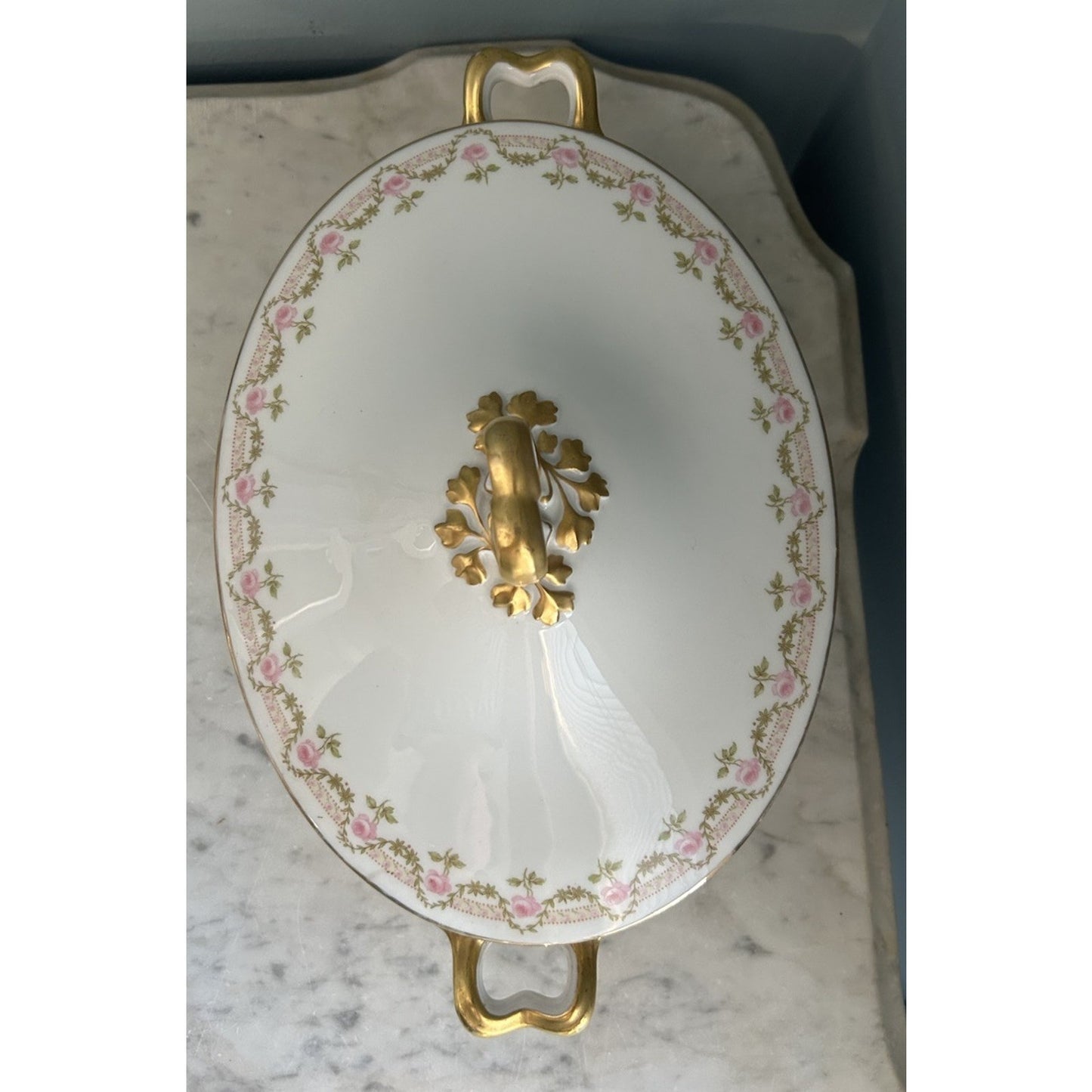 Oval Covered Serving Bowl lid Limoges Wm Guerin GUE19 Pink Roses Antique Gold