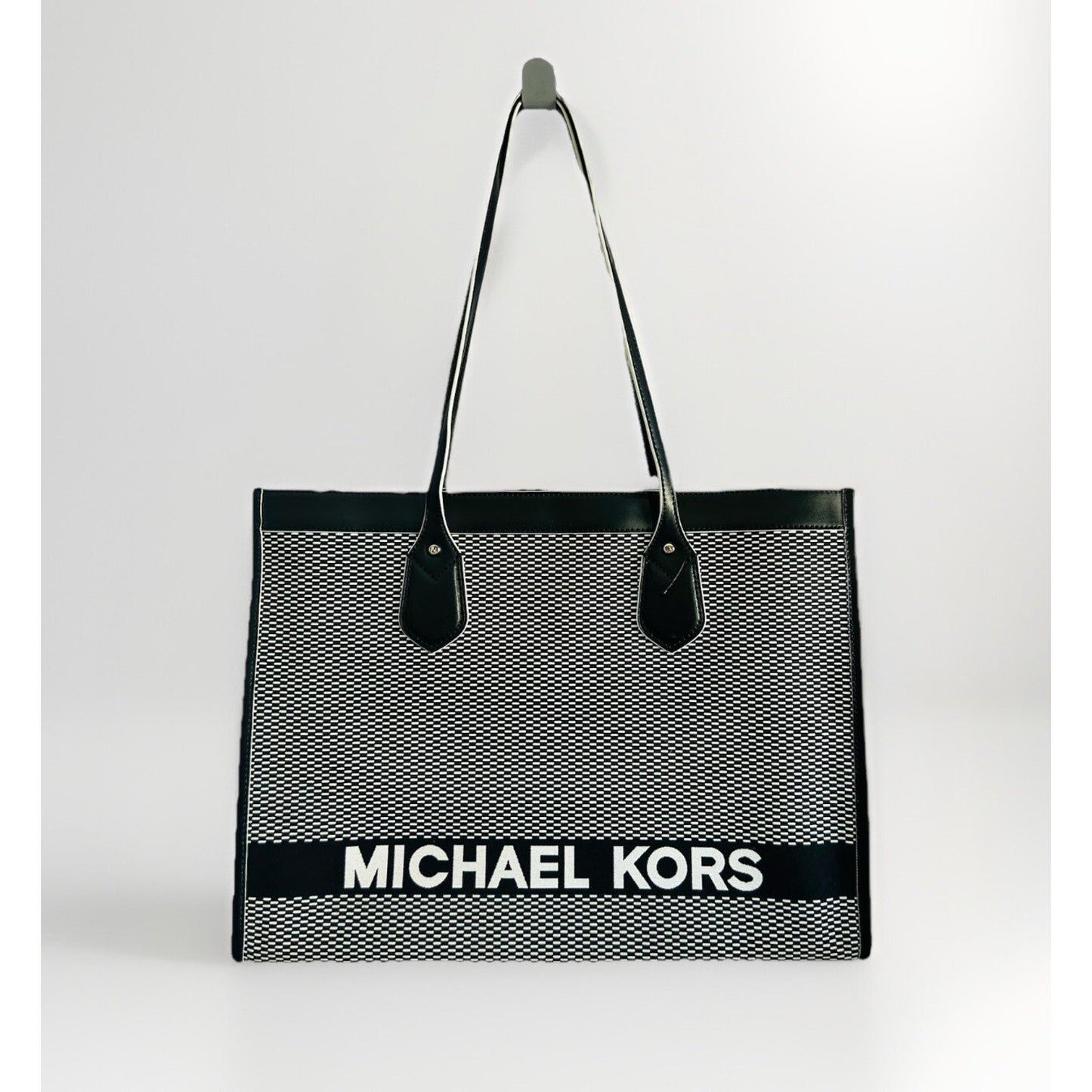 Michael Kors Bay Large Tote East West Woven Canvas Shoulder Black White Bag