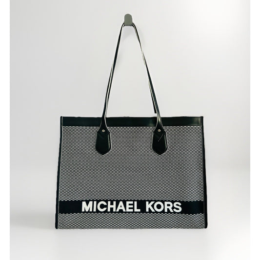 Michael Kors Bay Large Tote East West Woven Canvas Shoulder Black White Bag