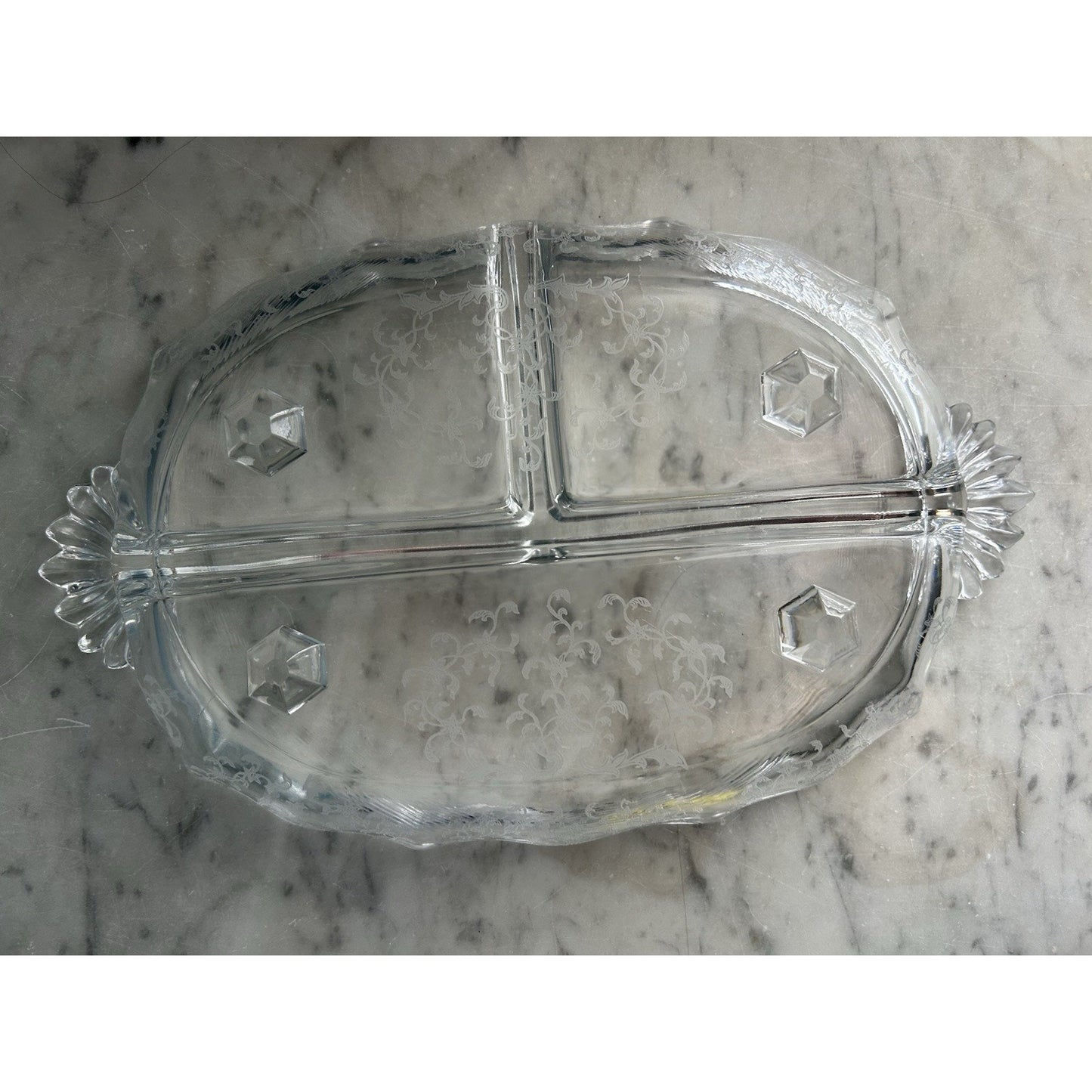Fostoria Meadow Rose 3 Part Glass Footed Relish Dish Etched Crystal Vintage
