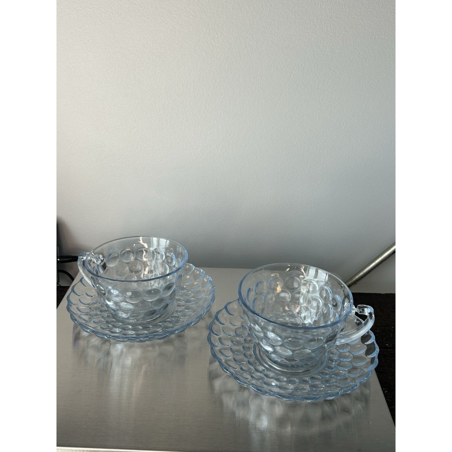 2 Anchor Hocking Fire King Blue Bubble Cup Saucer MCM 1940-1965 Coffee Tea