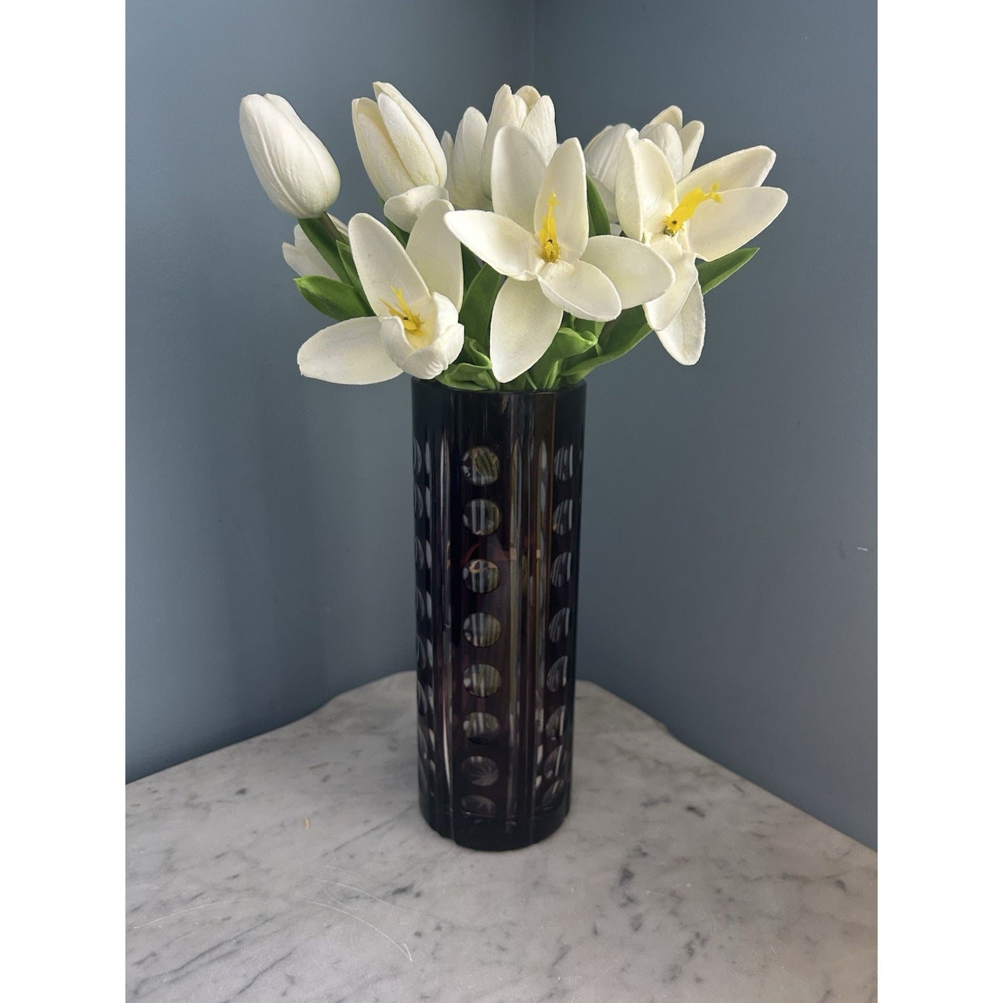 Vintage Purple Bohemian Tall Crystal Vase Amethyst 10” Tall Art Deco Geometric