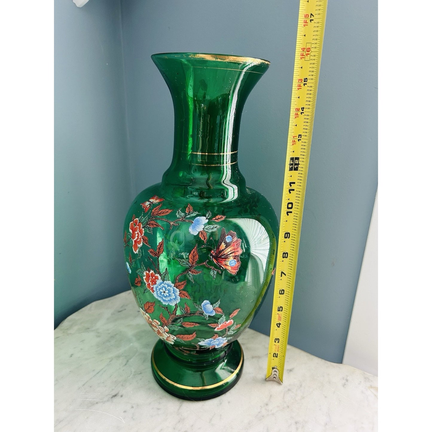 Norleans Large Green Glass Vase 16 " Gold Gilted Vintage Flowers Floral Design