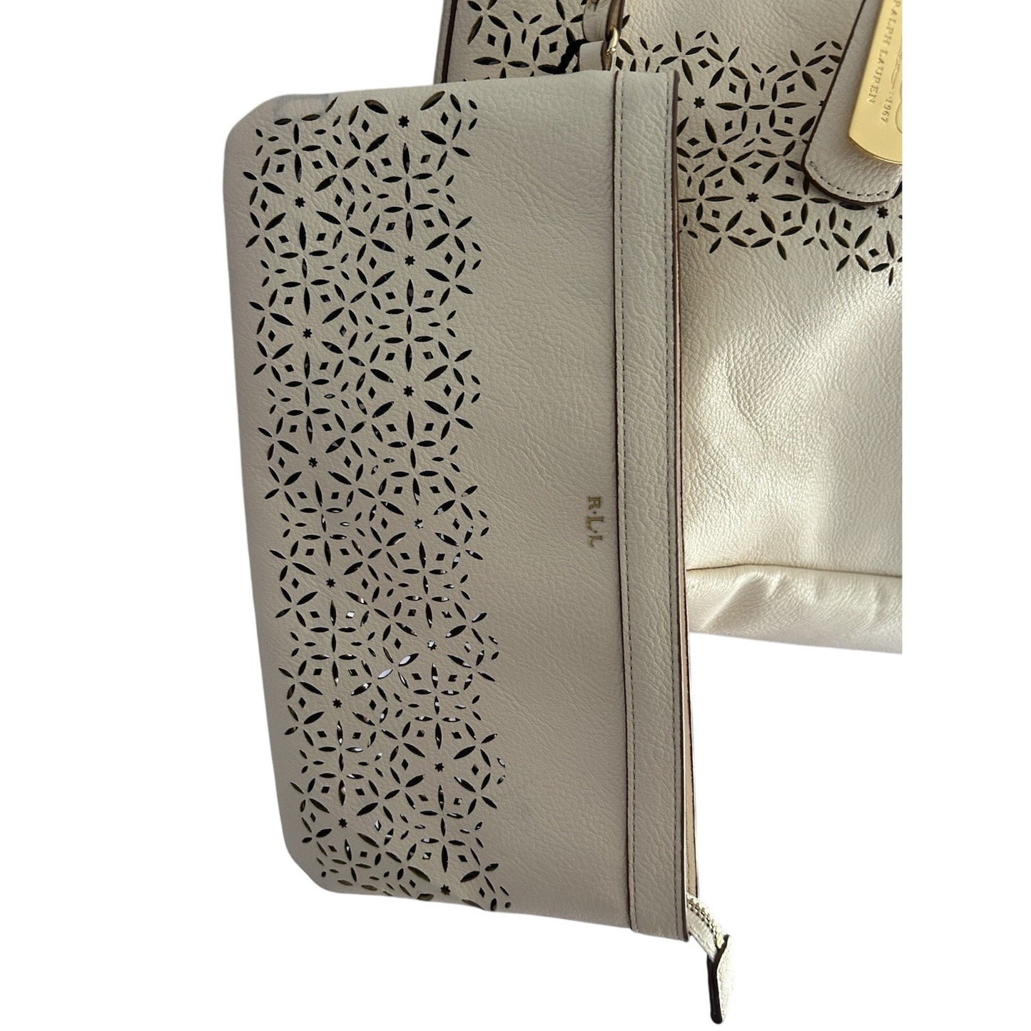 Ralph Lauren Laser Cut Perforated Chantilly Classic Tote Bag & Clutch Ivory Read