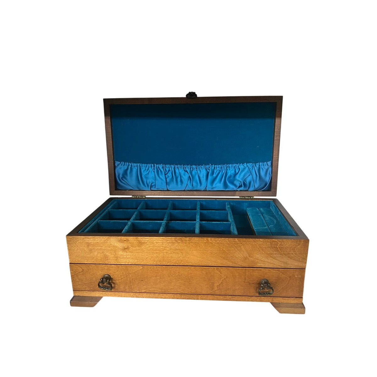 Wooden Jewelry Box 16” Drawers Ring Holder Teal Velvet Interior