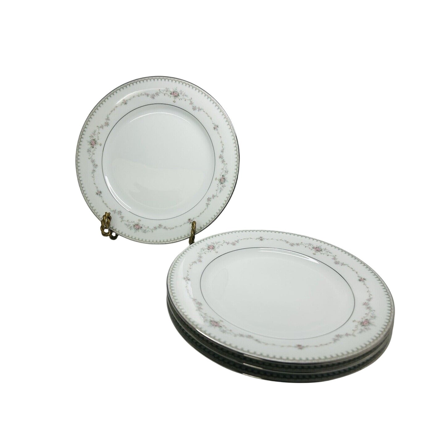 4 Noritake China Fairmont 6102 8 1/4" Salad Plate Platinum Trim New Pink Flowers
