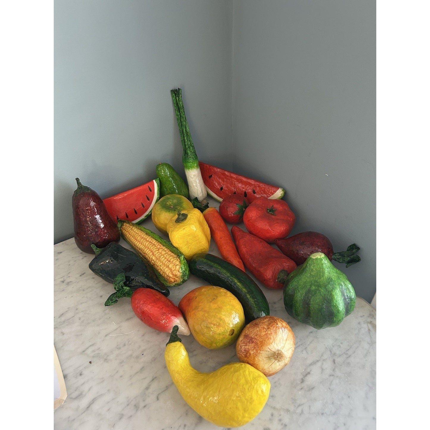 Vintage Paper Mache Handmade 20 Fruits & Vegetables MCM Folk Art faux Fake
