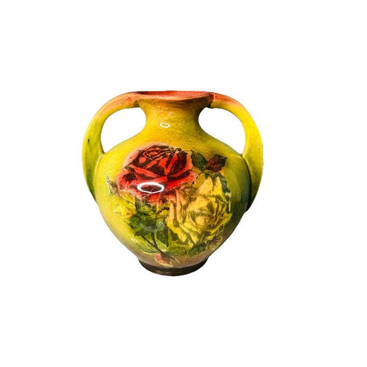 Vintage Art Nouveau Glazed Pottery Squat Floral Vase Loisa ‘62 Green Pink Rose