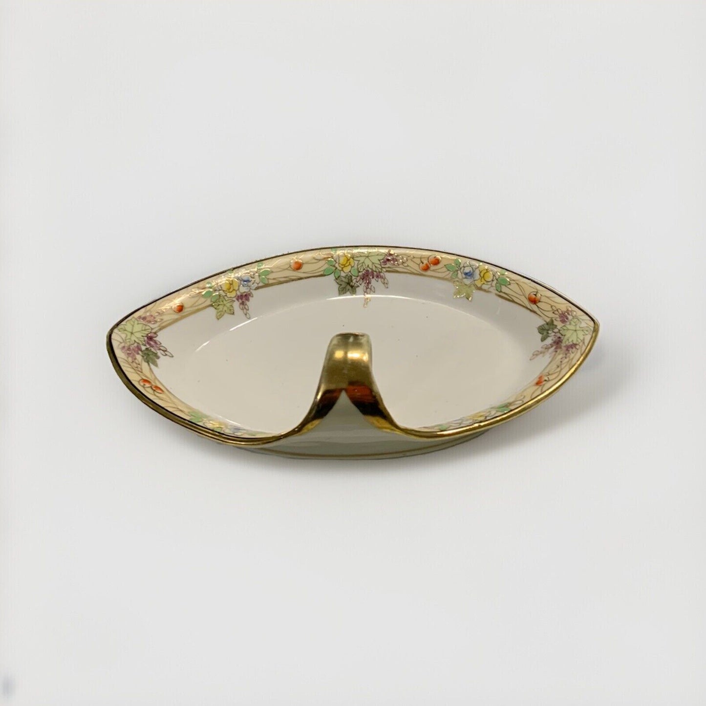 Vintage Nippon Hand Painted Divided Dish Tray w/ Finger Hole Handle Gold Flowers