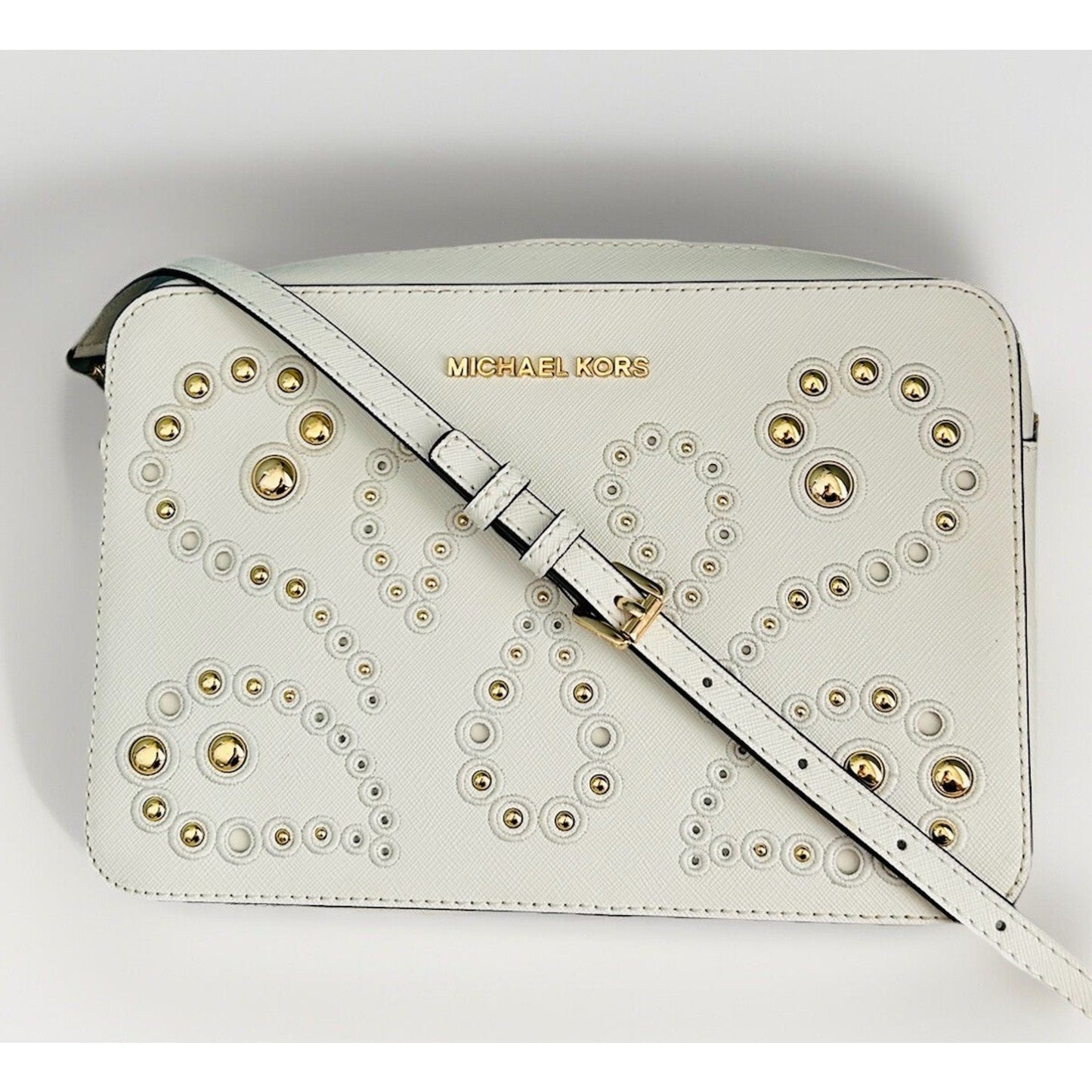 Michael Kors Ginny Leather Crossbody White Embellished Gold Studded Bag New