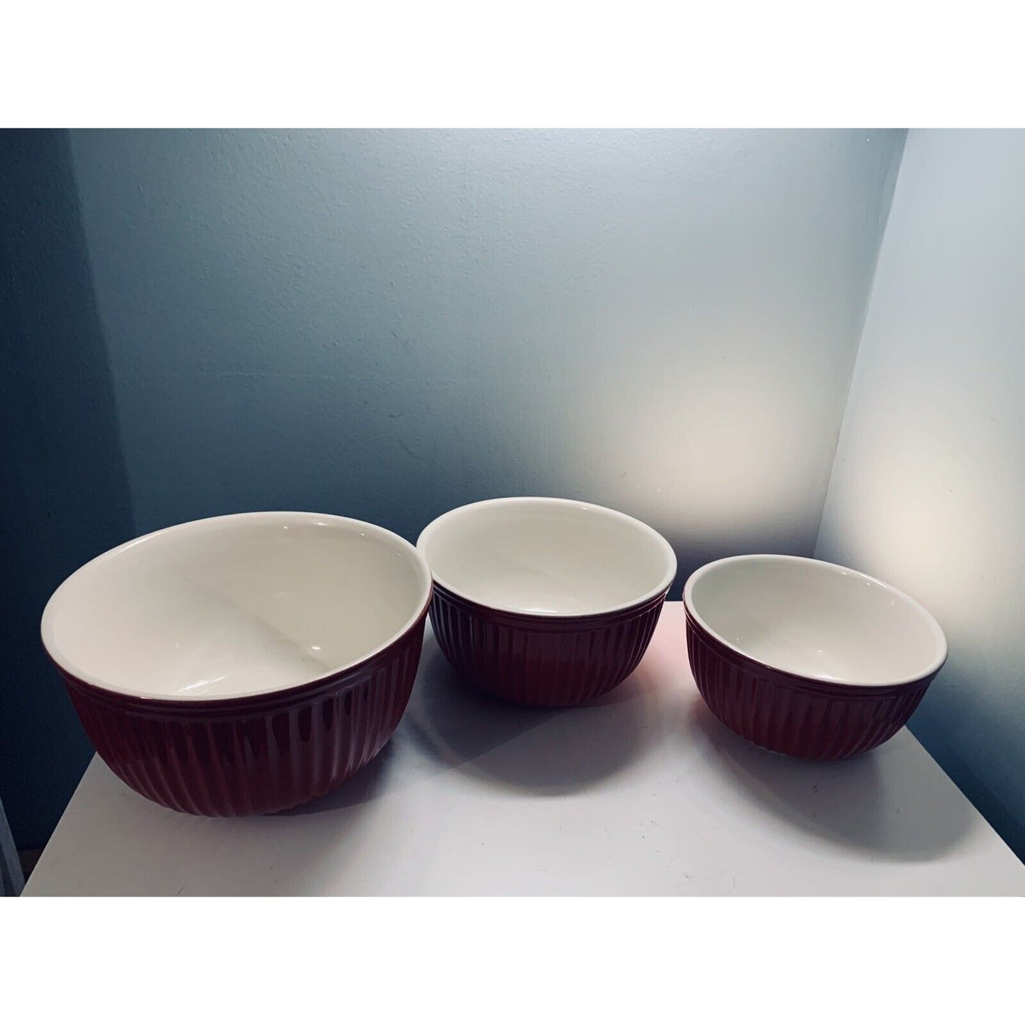 Authentic Kitchen Bright Red Nesting Mixing Bowls 3 Piece Set Heavy Solid