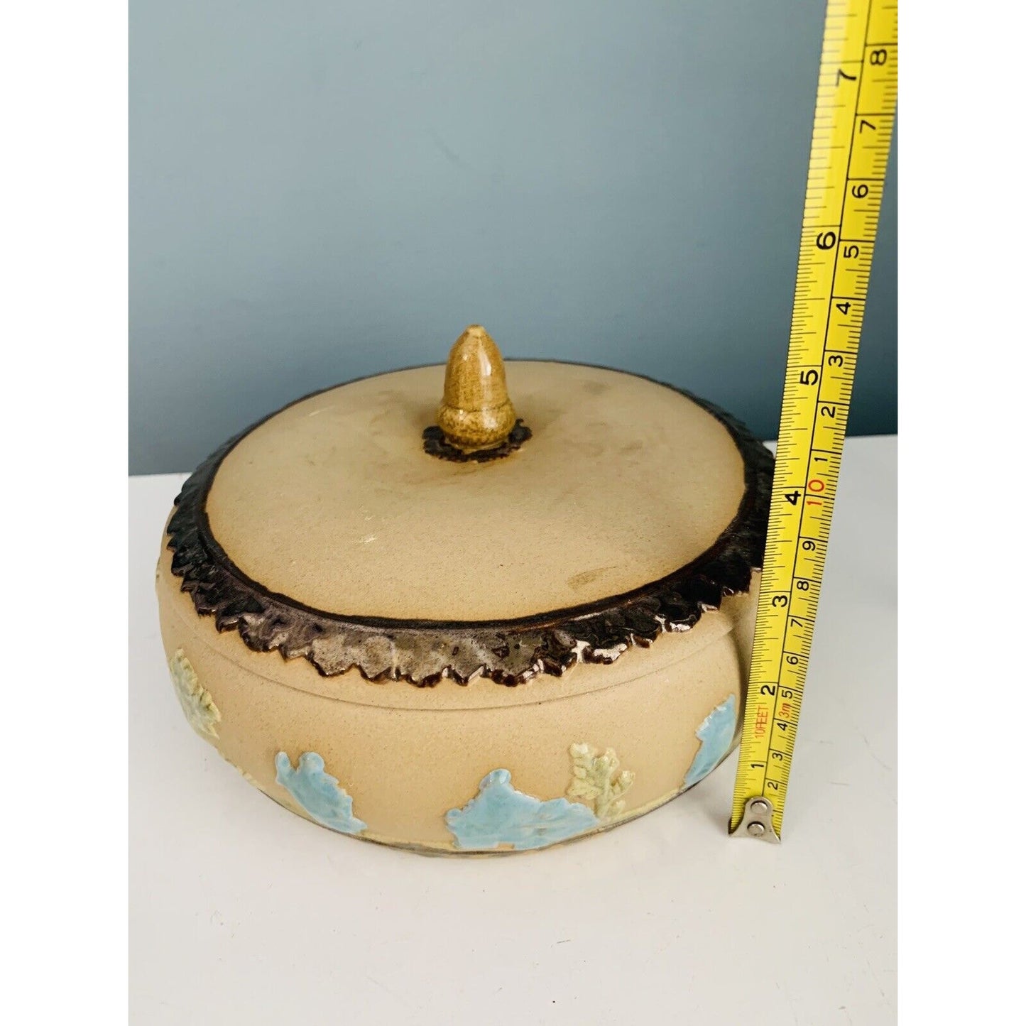 Arnel’s Signed Blue Teal Green Tan Lidded Ceramic Dish Trinket Box Home Decor