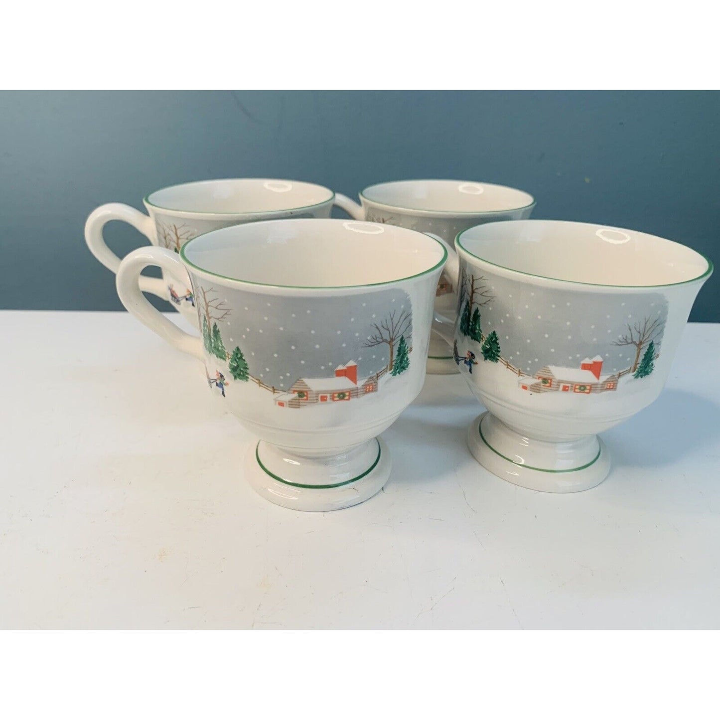 4 Sango Silent Night Footed Coffee Mugs Winter Scenes #3900 Vintage Christmas