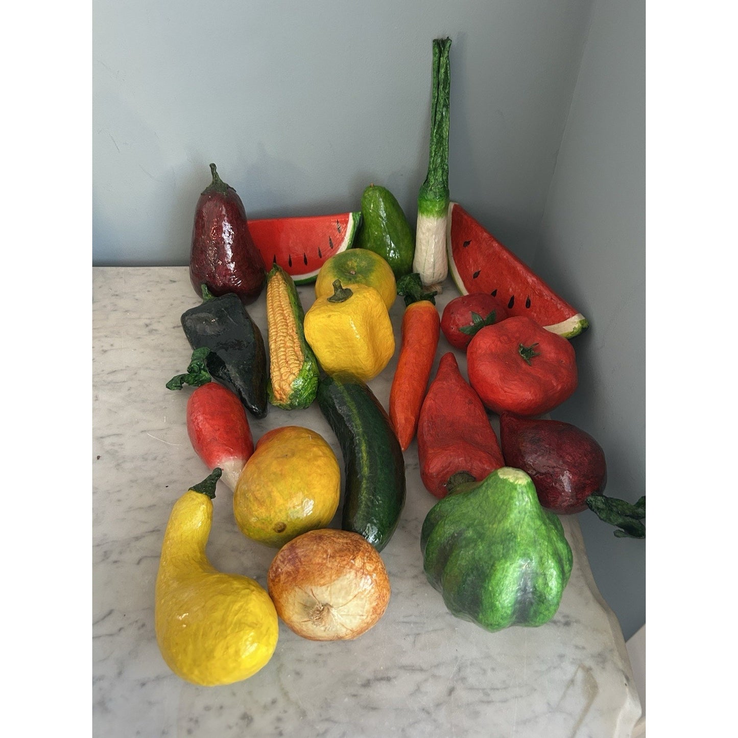 Vintage Paper Mache Handmade 20 Fruits & Vegetables MCM Folk Art faux Fake